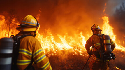 The image captures the intensity of a wildfire, with firefighters battling to contain the raging flames.