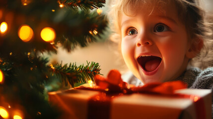 Little Girl Looks At A Christmas Present With Excitement And Anticipation.