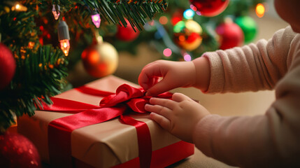 Child'S Hands Reaching For A Christmas Gift.  A Moment Of Anticipation And Excitement.
