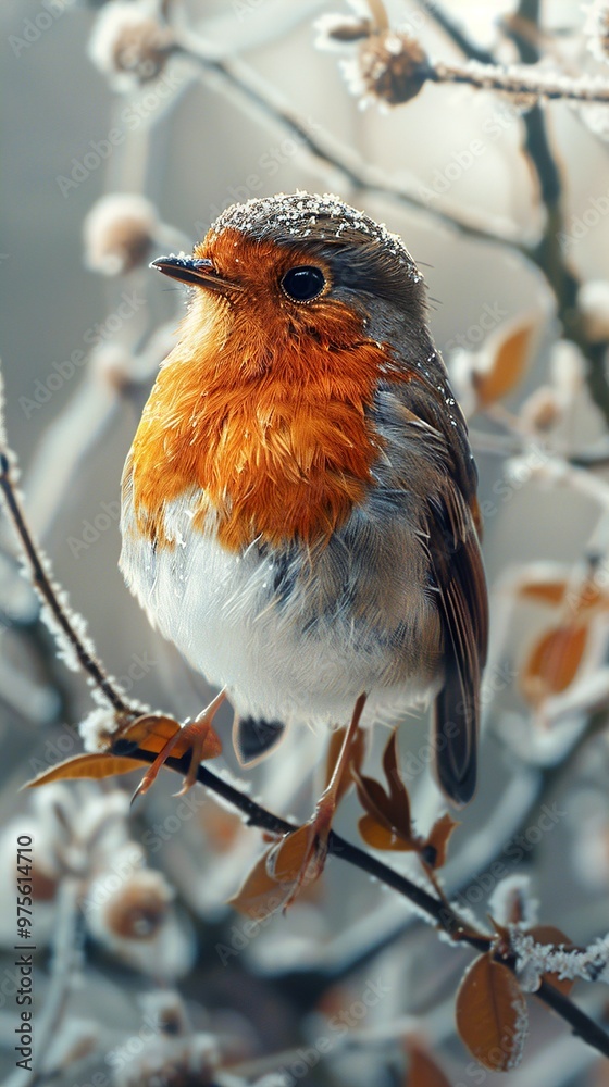 Canvas Prints Robin Bird Perched on a Branch in Winter