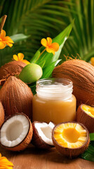 The image highlights a coconut-based hair mask, with fresh coconuts symbolizing the natural and nourishing qualities of the product.