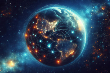 Obraz premium The Earth from space at night, showcasing continents lit up with city lights and a network of glowing curved lines connecting different points across the continents, symbolizing global communication l