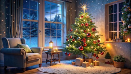 A Small And Imperfect Christmas Tree With A Few Ornaments Adorns A Living Room On A Snowy Night.