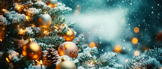 Snowy Christmas Tree With Gold Ornaments And Lights. 