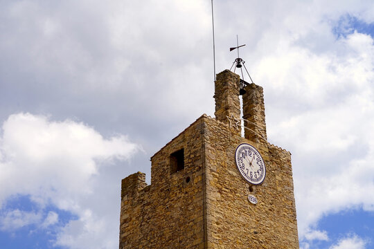 view to the tower of Torre de les Hores Peratallada in Peratallada, historic centre with small alleys and medieval Romanesque buildings, Pals, Begur, Girona, Catalonia, Spain