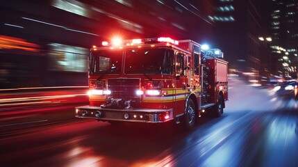 A fire truck speeding through the city, responding to an emergency with lights flashing.
