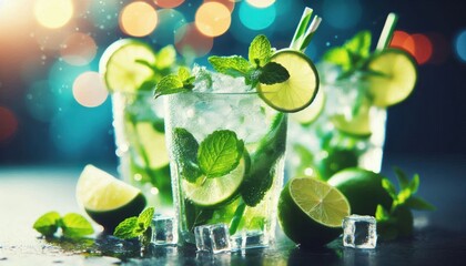 fresh mint mojito drink, icy green cocktail glasses, lime slices, summer refreshment, bokeh background, vibrant colors, shallow depth of field