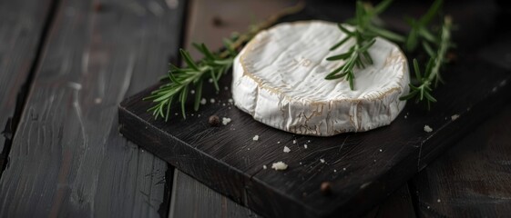 A round of creamy brie cheese garnished with fresh rosemary, artistically arranged on a rustic dark wooden cutting board.