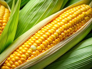 A stalk of fresh sweet corn with the green husk pulled back, revealing bright yellow kernels shining like tiny treasures.