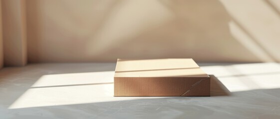 A flat, sun-drenched cardboard package sitting on a surface, casting simple yet beautiful shadows, reflecting minimalist elegance.