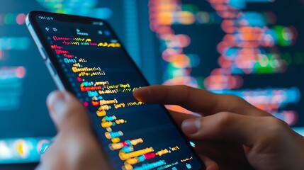 A detailed close-up of a programmer's hands on a smartphone screen exploring code within a mobile app development platform reflecting the essential skills and tools needed in the tech industry today