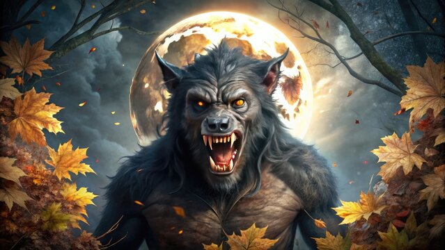 A snarling, furry werewolf emerges from darkness, glowing full moonlight casting eerie shadows on its twisted, humanoid face, surrounded by autumnal forest foliage.