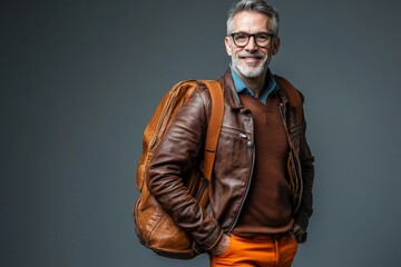 Fototapeta premium Stylish mature man with leather backpack and glasses on gray background