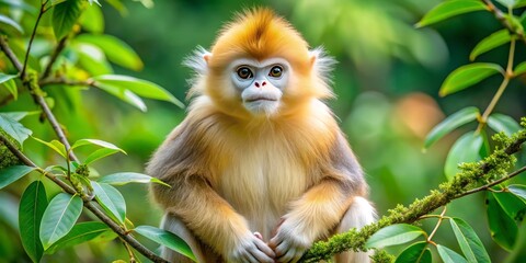 Obraz premium Tonkin snub-nosed monkey sits in a lush jungle tree, its distinctive short nose and mischievous gaze captivating the viewer's attention.