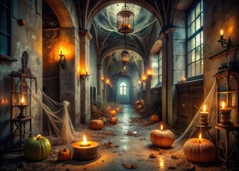 A spooky abandoned asylum hallway lit by flickering candles, adorned with cobwebs, pumpkins, and creepy skeletons, evoking a terrifying atmosphere on a dark Halloween night.
