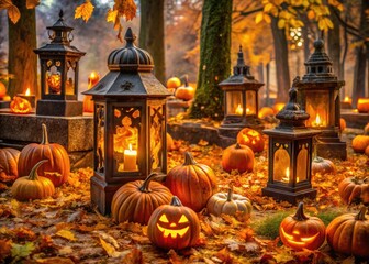 Obraz premium A spooky autumnal exterior features cobweb-covered lanterns, glowing jack-o'-lanterns, and a graveyard of cardboard tombstones amidst a sea of fallen orange and yellow leaves.