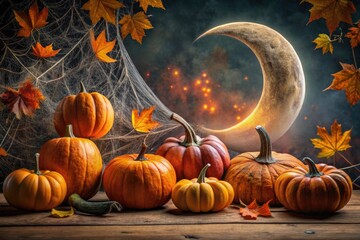 A spooky autumnal scene with pumpkins, cobwebs, and a crescent moon, suggesting the perfect timing to start decorating for the eerie Halloween season.