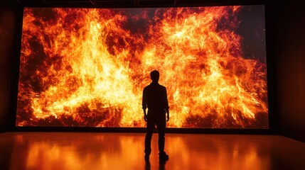 A digital fire art installation, with interactive flames projected onto a large screen for an immersive experience.