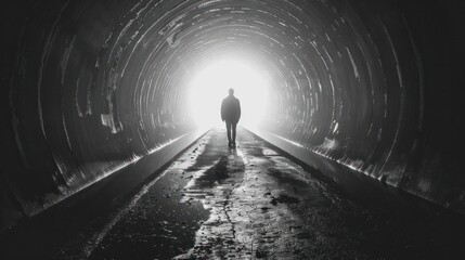 A lone solitary figure walks through a mysterious dimly lit underground tunnel their silhouette...