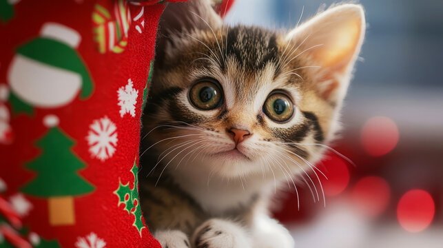 Cute Kitten Peeking Out Of Christmas Stocking