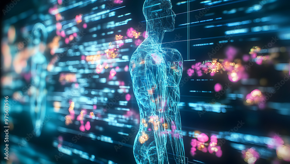 Poster hologram projection on a digital screen with different data and parameters.