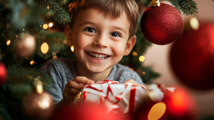 Happy Little Boy Opens Christmas Gift Under Tree.