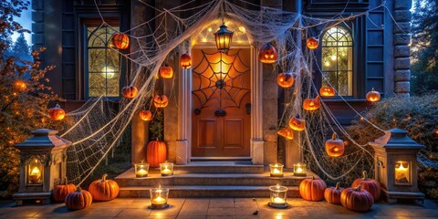 Obraz premium A spooky entranceway adorned with fake spider webs, glowing jack-o-lanterns, and eerie LED candles welcomes trick-or-treaters on a dark and mysterious Halloween night.