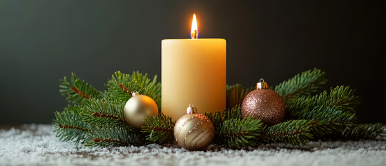 Candlelight christmas decoration with pine branches and baubles