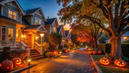 Fototapeta premium A spooky Halloween evening in Redwood City, California, features a dimly lit residential street lined with decorated houses, jack-o'-lanterns, and eerie autumn foliage.
