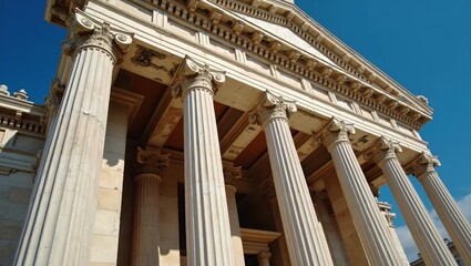 Naklejka premium Detailed close up of a Greco Roman building with fluted columns and intricate carvings