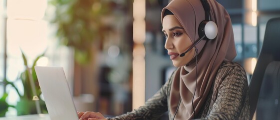 A woman in a hijab wearing a headset, diligently working on a laptop, embodies professionalism and focus.