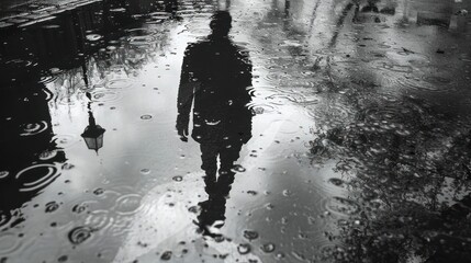 Fototapeta premium A lone figure silhouetted against the gloomy rainy environment their reflection visible in the puddles that dot the urban landscape This moody atmospheric scene captures a sense of solitude