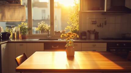 Brown wooden table on kitchen room with blurred window sunset light home interior
