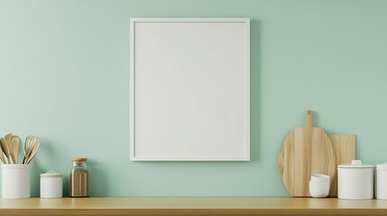 Blank white wooden frame mockup on green wall with plant decoration