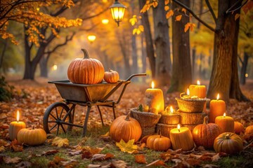 Naklejka premium A spooky pumpkin patch scene with orange lanterns, cobwebs, and a vintage wheelbarrow, surrounded by autumnal leaves and eerie flickering candles on a crisp Wednesday evening.