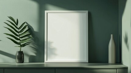 Blank white wooden frame mockup on green wall with plant decoration