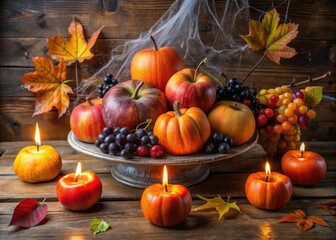 A spooky seasonal fruit bowl arrangement featuring orange pumpkins, grapes, and apples, surrounded by candles, spider webs, and autumnal leaves on a rustic wooden table.