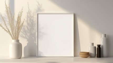 Blank white wooden frame mockup on white wall with plant decoration