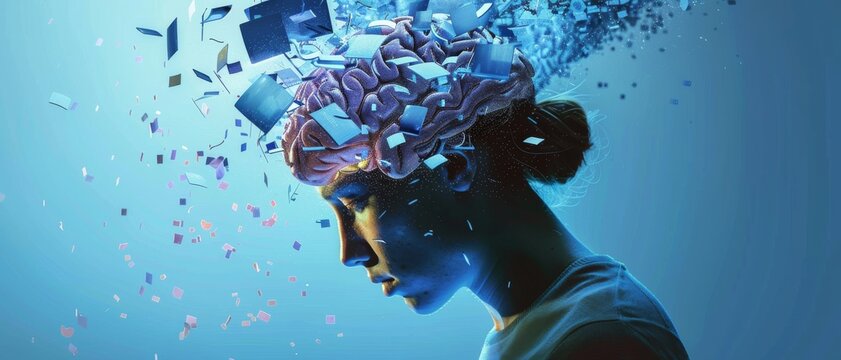 A woman's head is exploding into digital blocks, representing a complex fusion of human thought and technology, set against a serene blue background. - Powered by Adobe