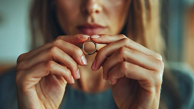 A woman is taking off her wedding band. The idea of a divorce and relationship dissolution.
