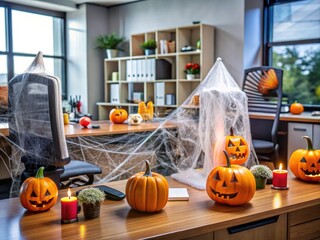 A spooky yet festive office desk features a miniature graveyard, cobweb-covered decorations, and a giant jack-o'-lantern, showcasing creativity in a Halloween decorating contest.