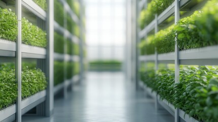 Obraz premium A modern greenhouse with rows of healthy green plants growing on shelves, illuminated by natural light filtering through large windows.