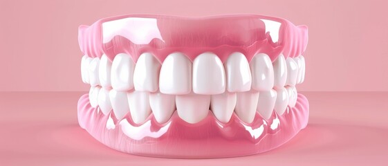 Fototapeta premium Pristine dentures gleaming against a soft pink background, highlighting dental care and the importance of oral health with a touch of sophistication.