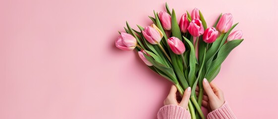 Hands holding a bouquet of pink tulips against a pastel pink background, evoking a sense of tenderness and appreciation in a minimalist and aesthetically pleasing frame.