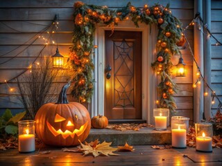 Obraz premium A spooky yet inviting porch scene featuring a candlelit jack-o'-lantern, cobweb-covered door, and autumnal garland, perfect for eerie and festive Halloween decoration inspiration.