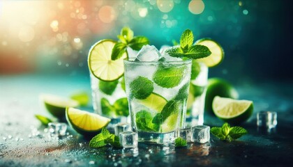 fresh mint mojito drink, icy green cocktail glasses, lime slices, summer refreshment, bokeh background, vibrant colors, shallow depth of field