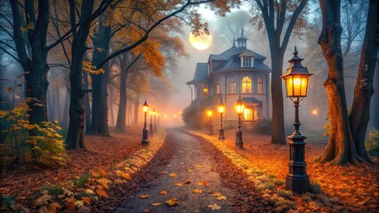A spooky yet romantic evening unfolds as a lantern-lit path leads to a haunted mansion, surrounded by autumn leaves and eerie fog, perfect for a couple's Halloween outing.