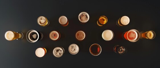 Various craft beers in glasses arranged artistically on a dark background, showcasing a vibrant...