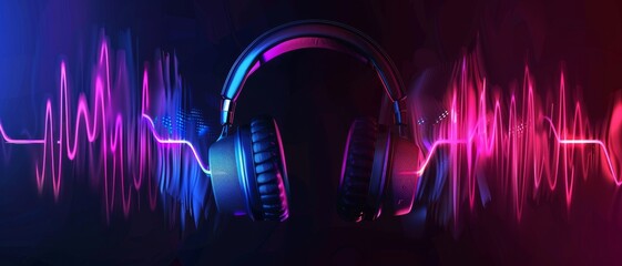 Close-up of black headphones with sound waves in neon pink and blue, representing an immersive auditory experience in a modern, digital aesthetic.
