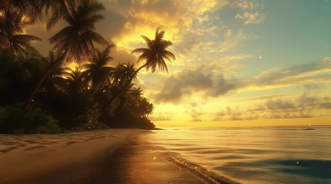 Glowing beach at sunrise with silhouetted palm tree against a vibrant sky, serene coastal scene
  Seamless looping 4k time-lapse virtual video animation Generated AI